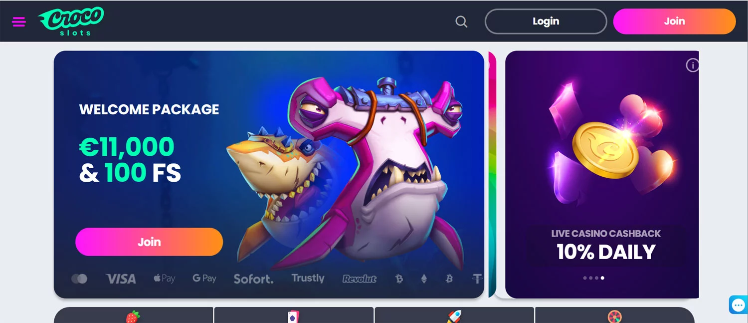Crocoslots Casino Home Screen