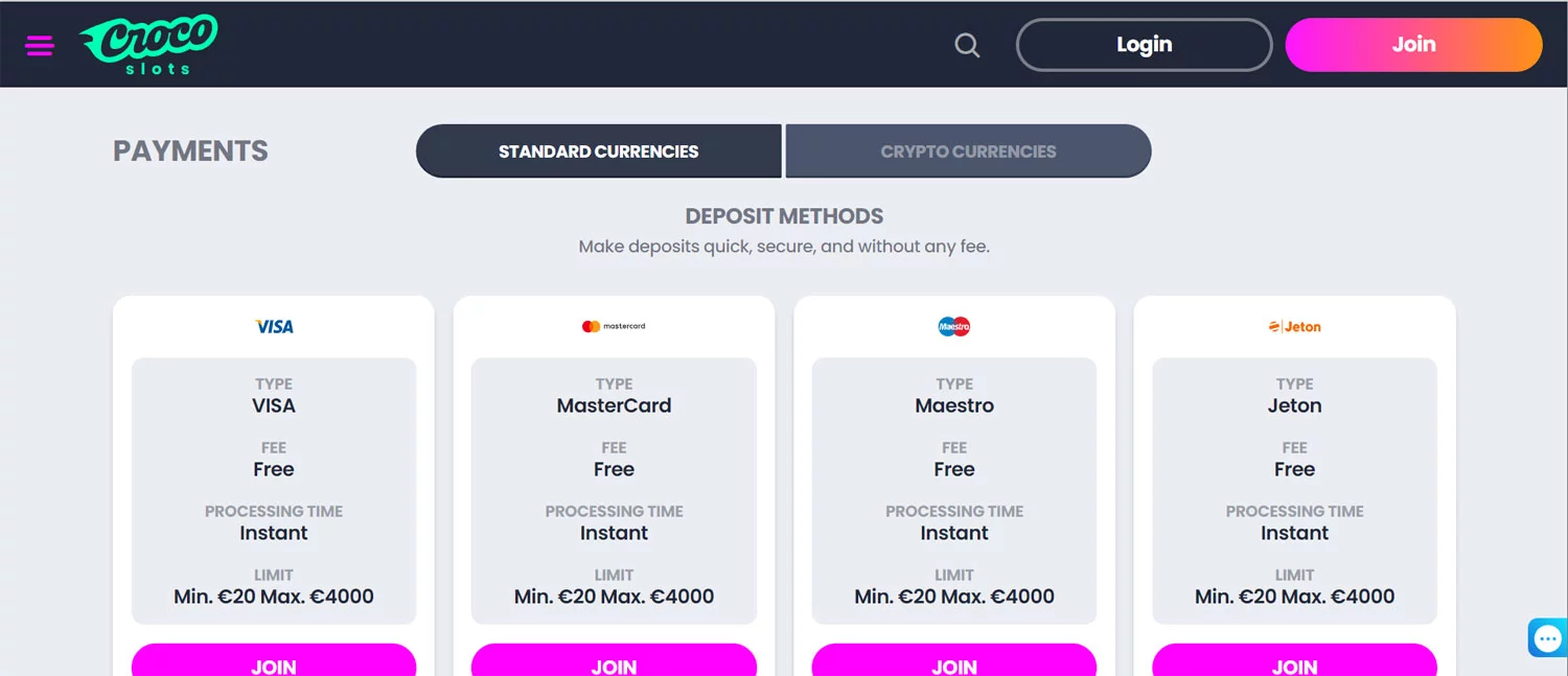 Crocoslots Casino Payment Methods