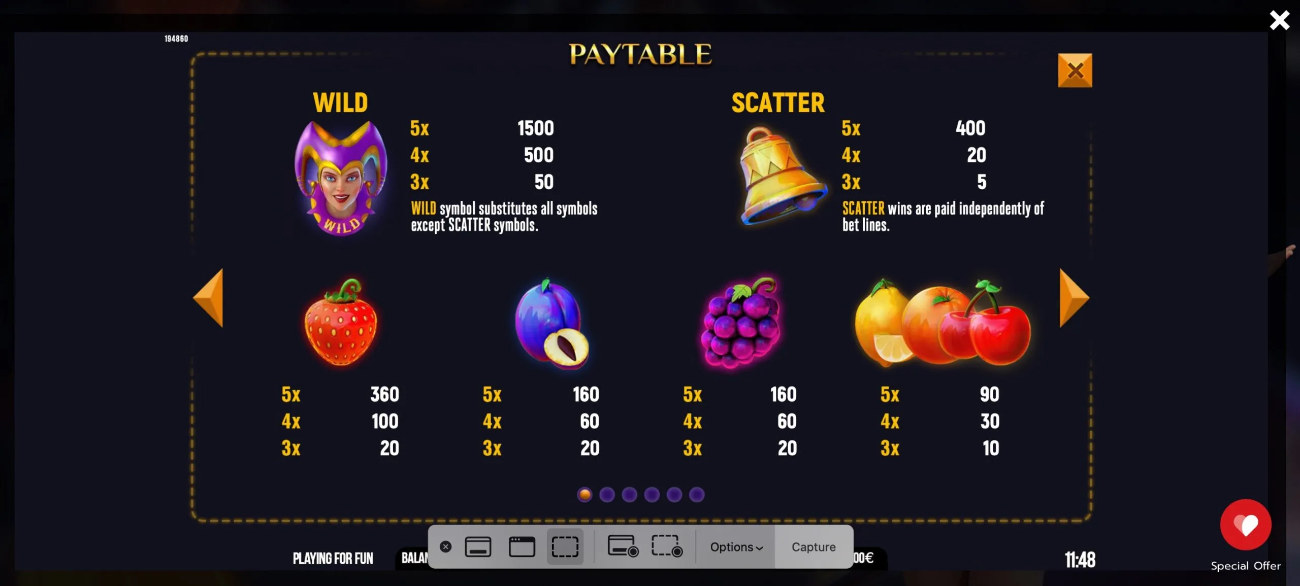 Fortune Circus Paytable