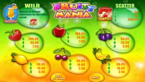 Fruity Mania Paytable
