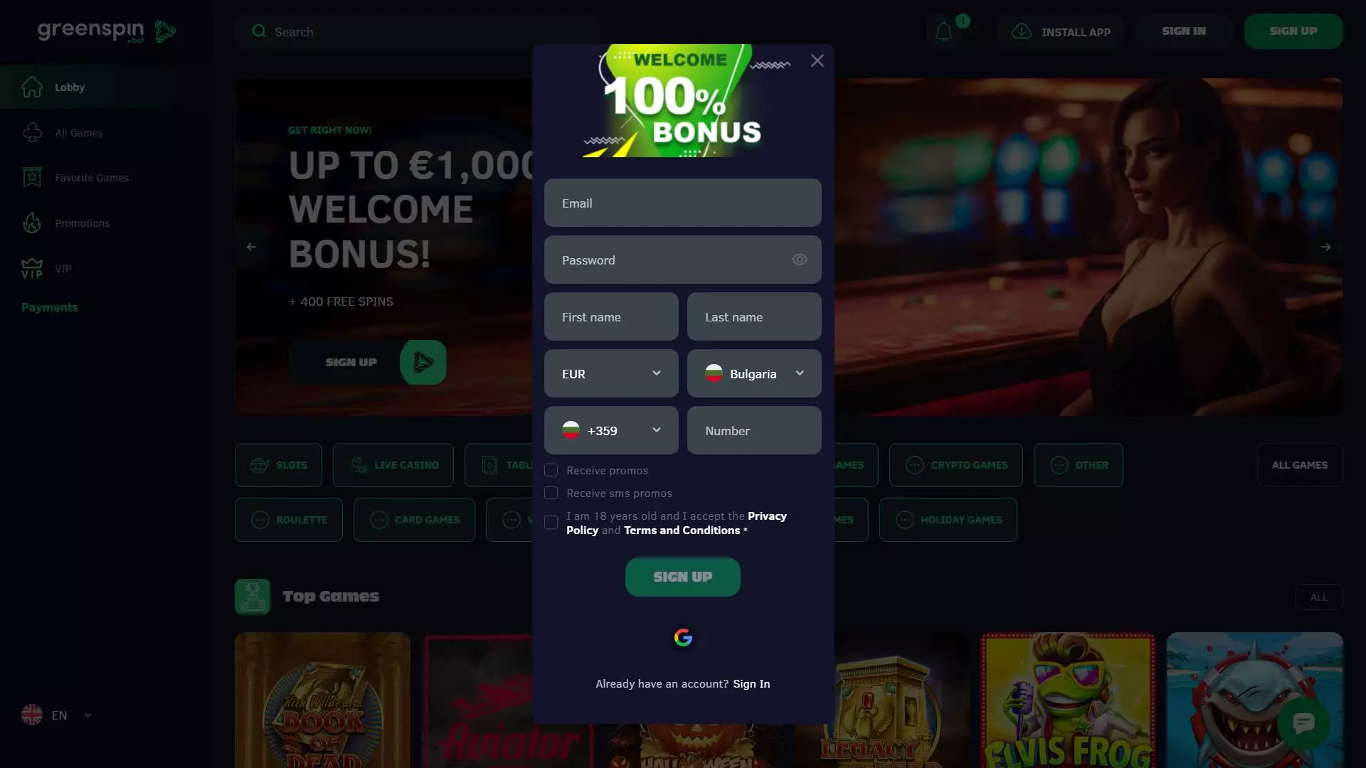 Greenspin Casino Sign Up
