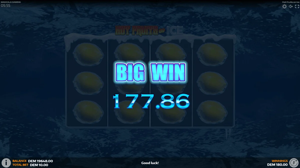 Hot Fruits on Ice Big Win Screen