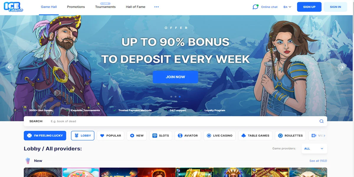 Ice Casino Home Screen