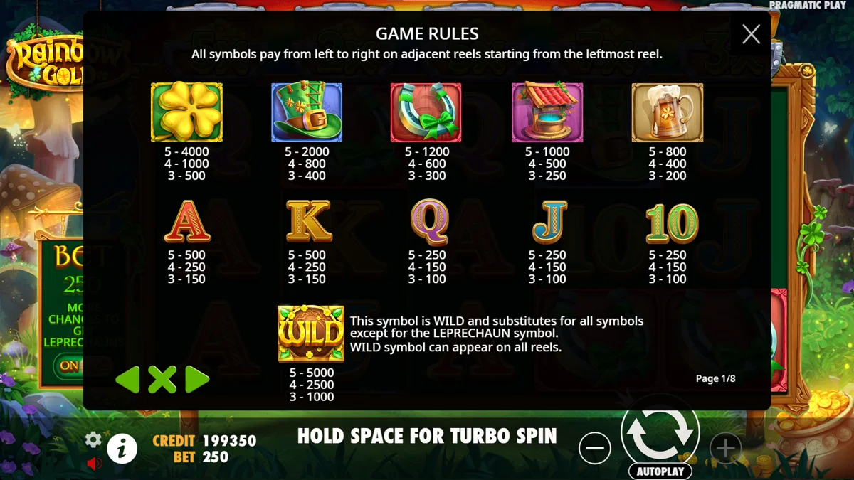 Rainbow Gold Paytable