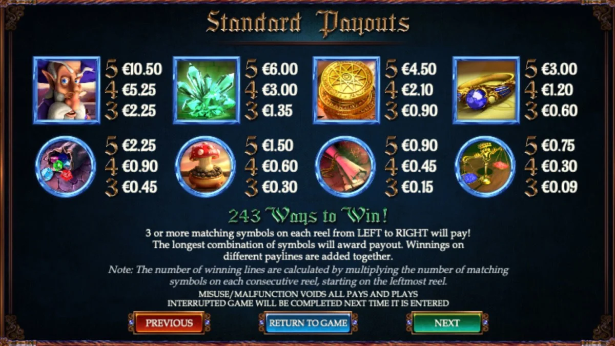 Alkemor's Tower Slot Paytable 1