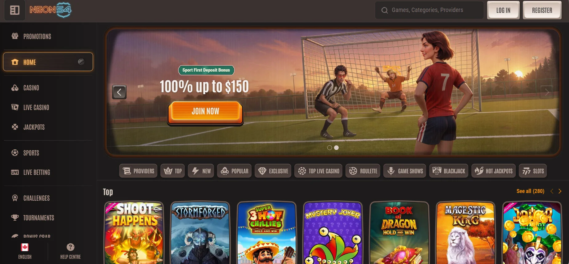 Neon54 Casino Home Screen