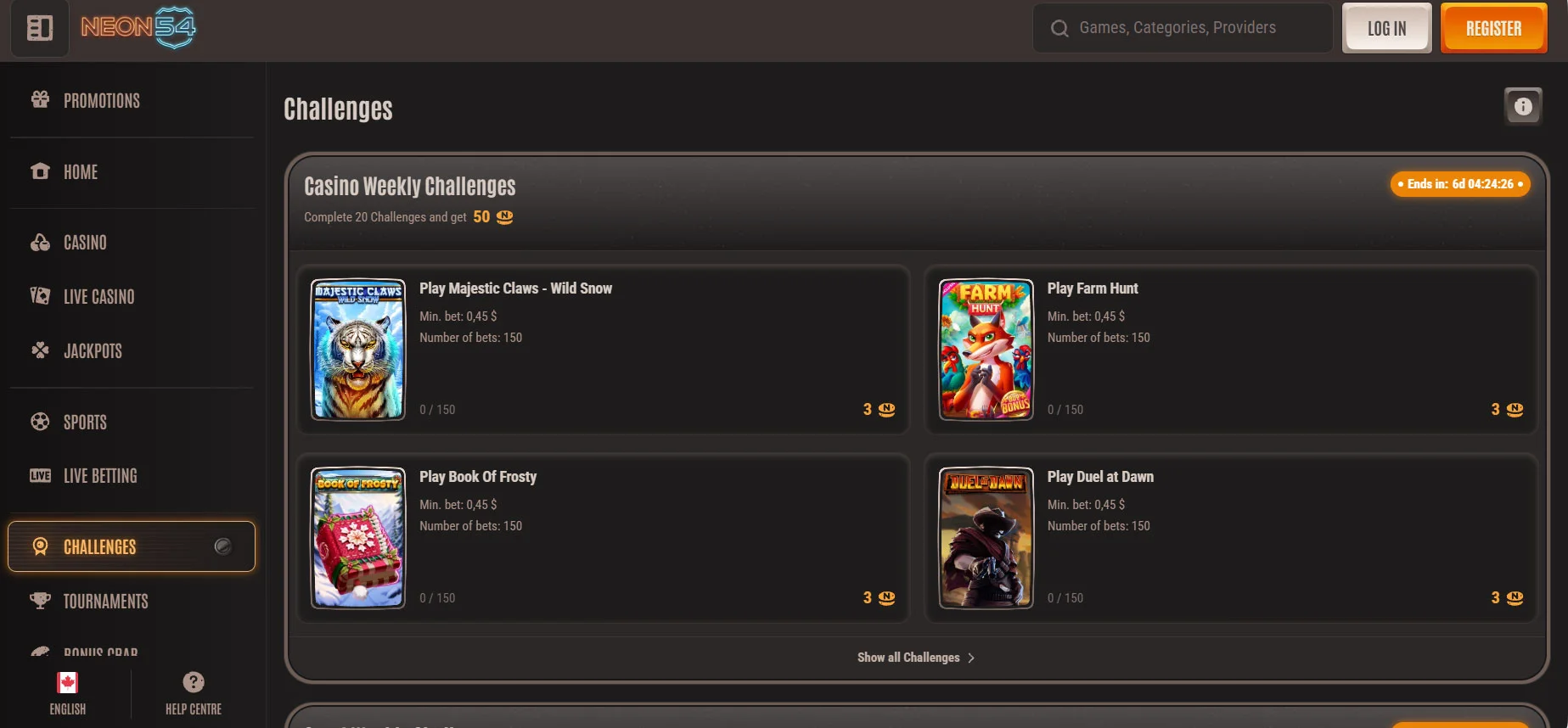 Neon54 Casino Challenges