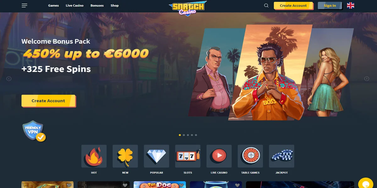Snatch Casino Home Screen