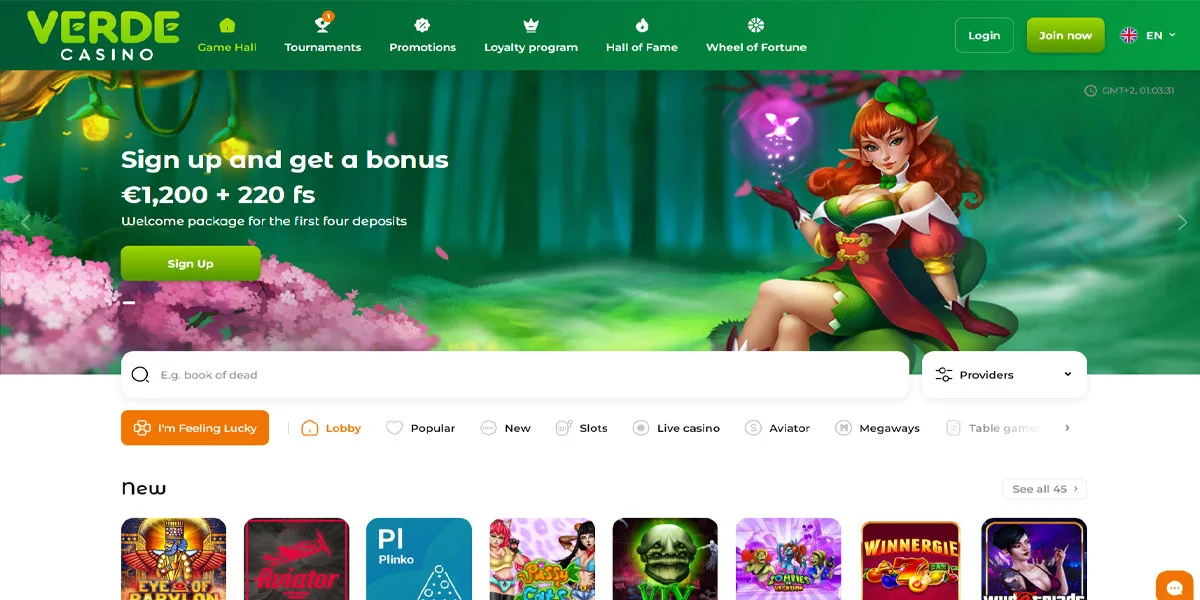 Verde Casino Home Screen