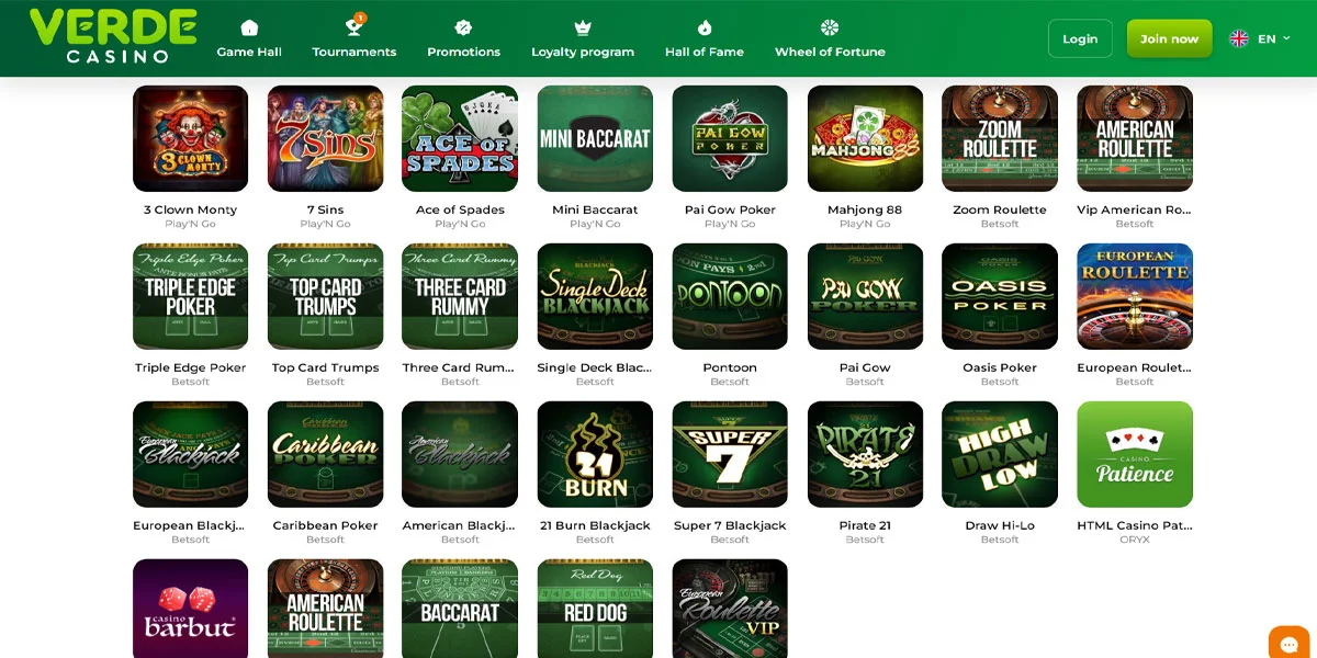 Verde Casino Live Games Section