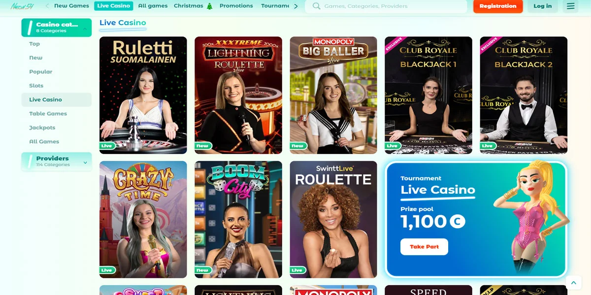 Neon54 Casino Live Games Section