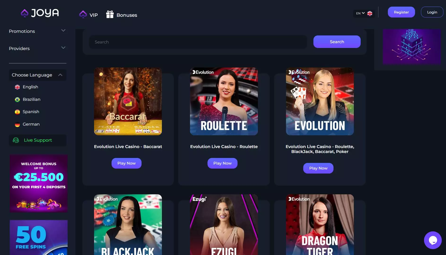 Joya Casino Live Games Section