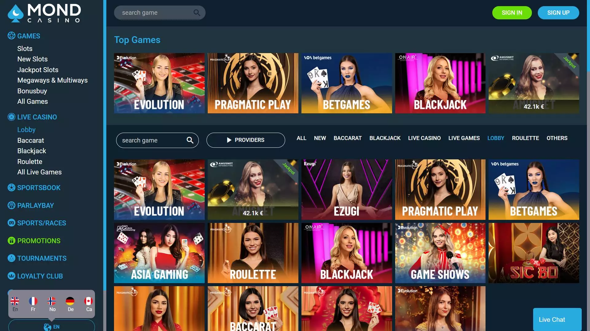 Mond Casino Live Games Lobby