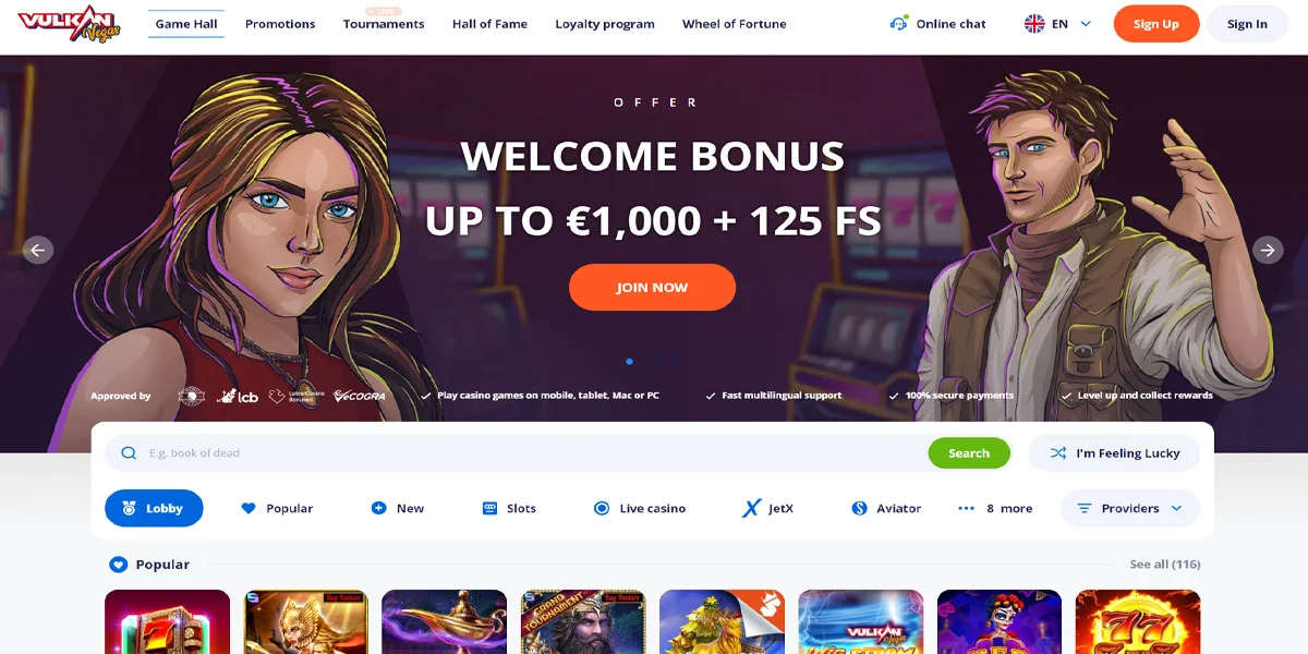 Vulkan Vegas Casino Home Screen