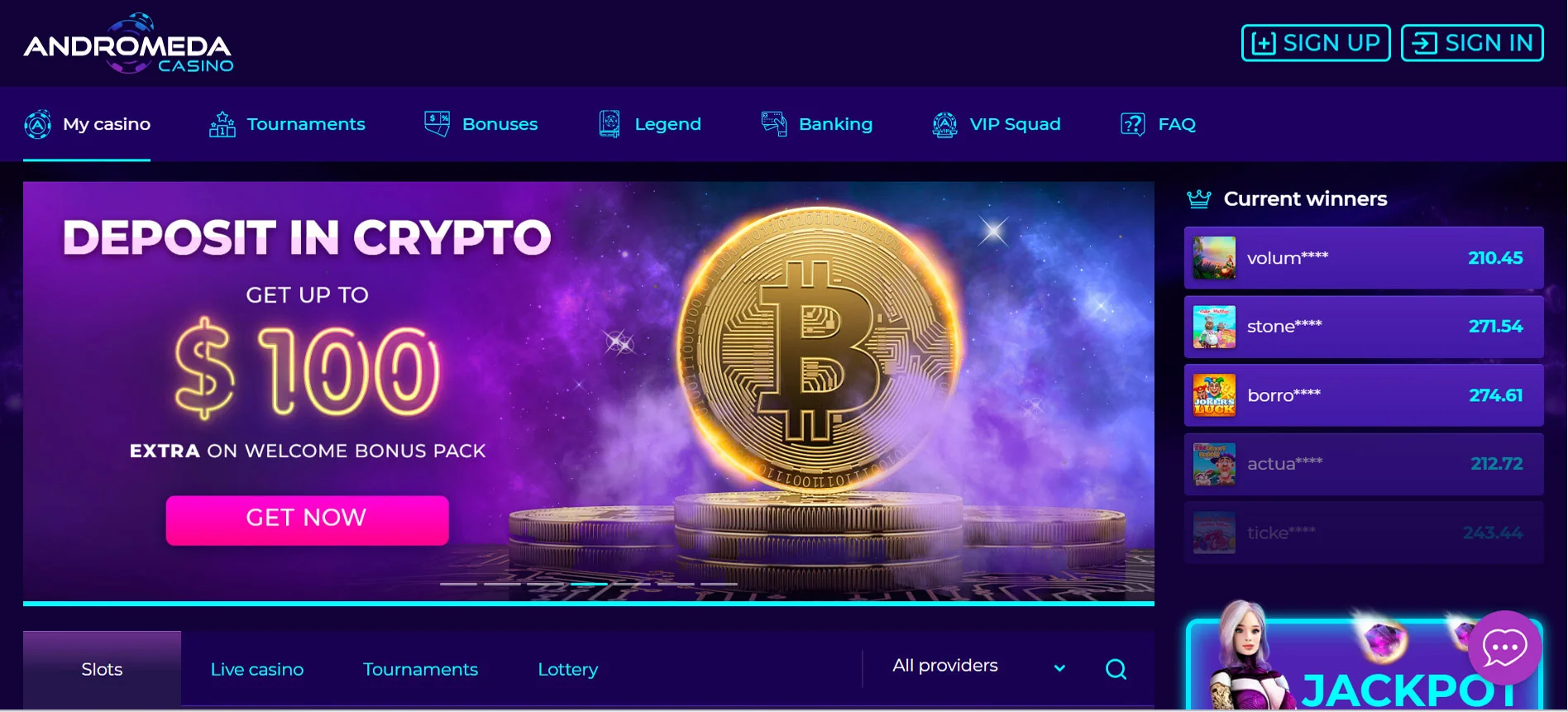 Andromeda Casino Home Screen