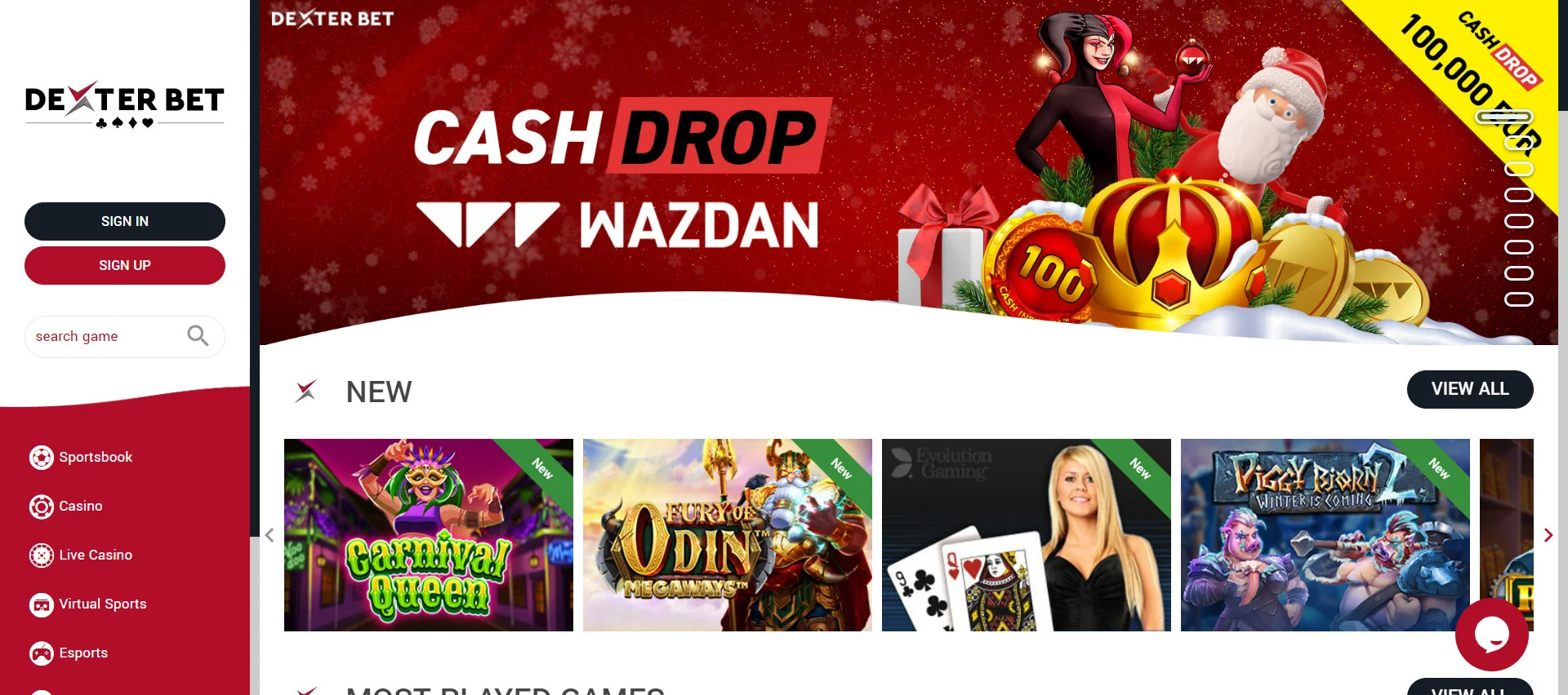 DexterBet Casino Home Screen