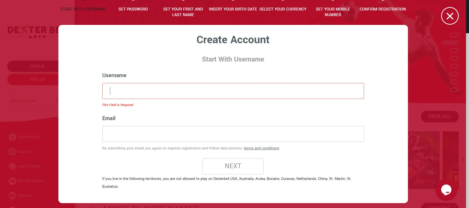 DexterBet Casino Registration