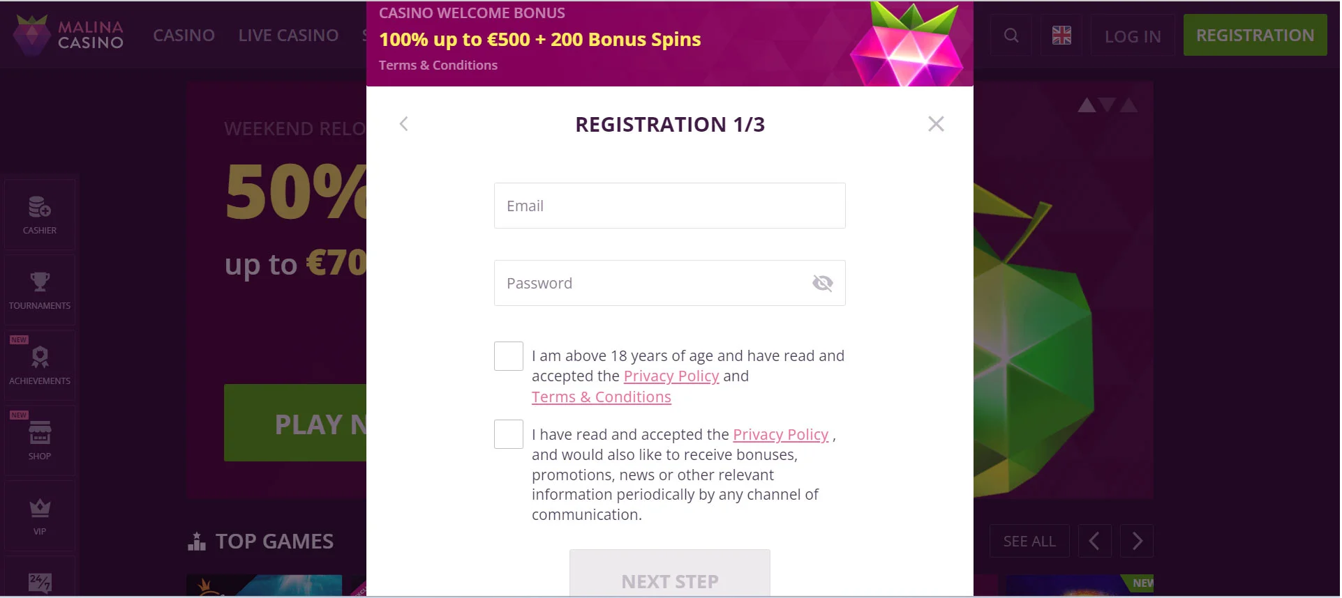 Malina Casino Registration