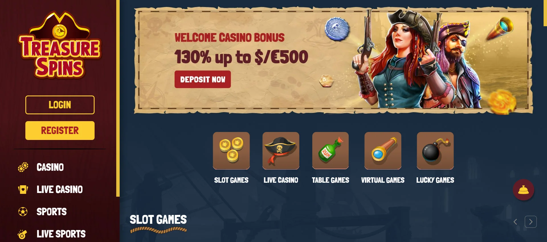 Treasure Spins Casino Home Screen