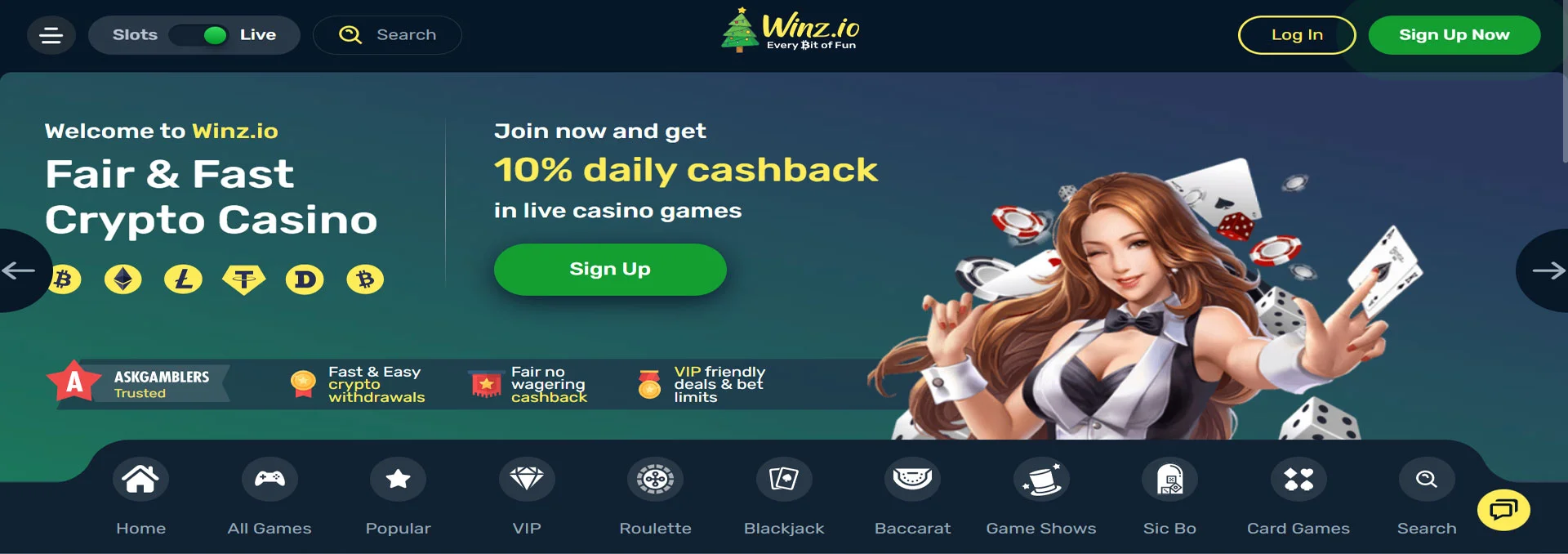 Winz.io Casino Home Screen