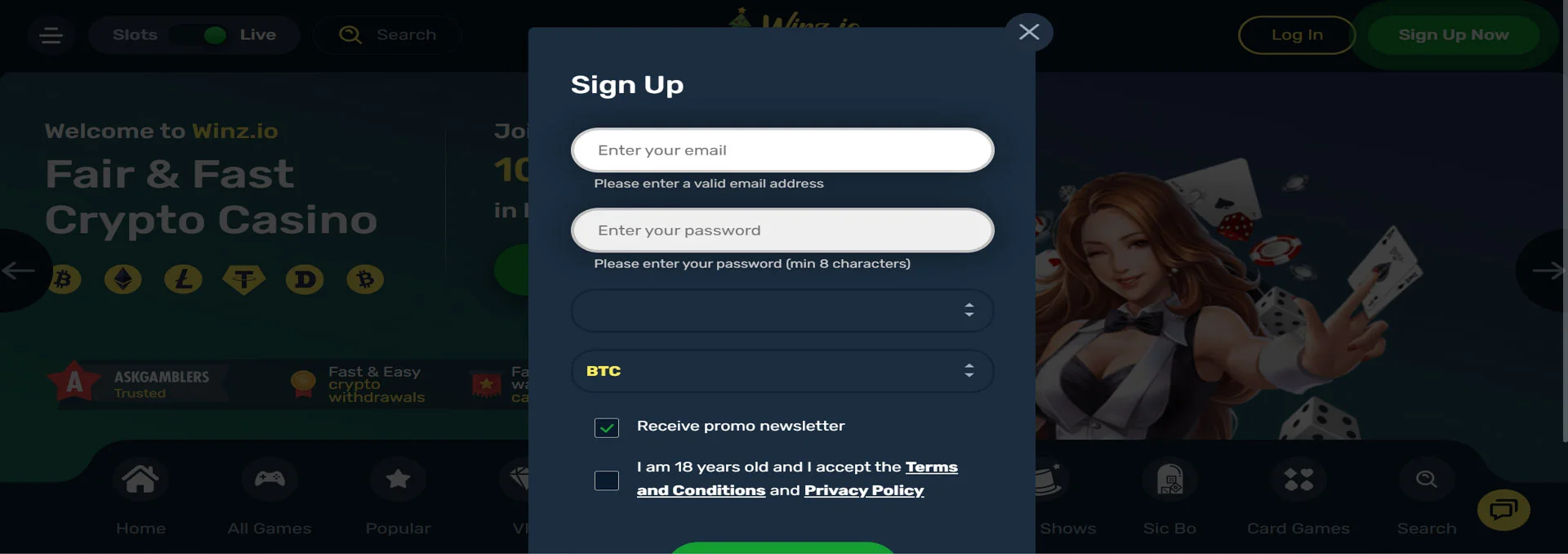 Winz.io Casino Registration
