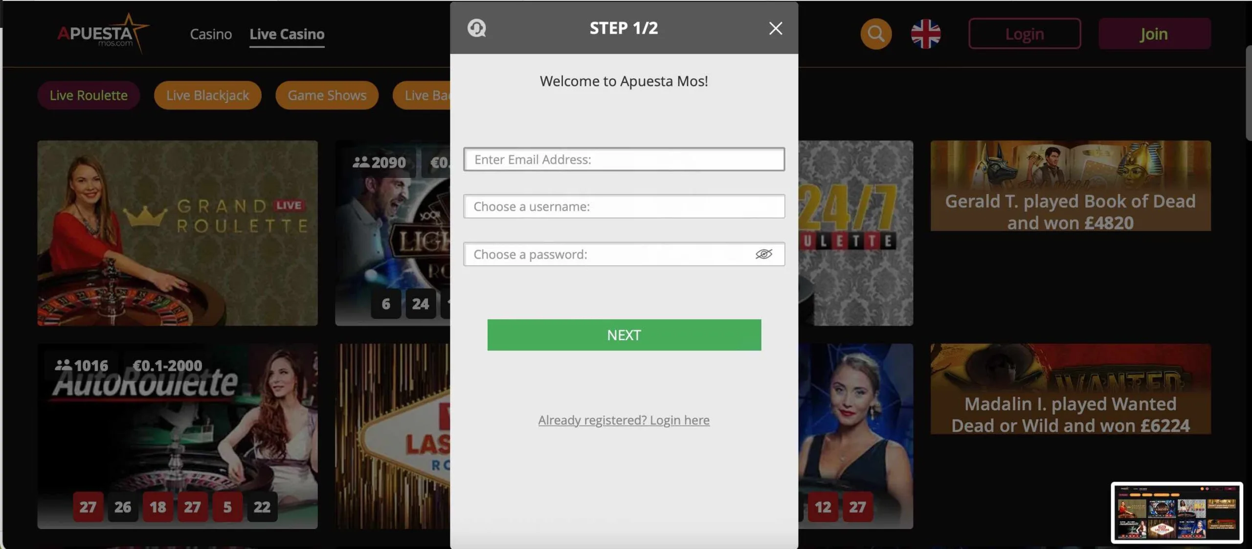 Apuestamos Casino Registration Form