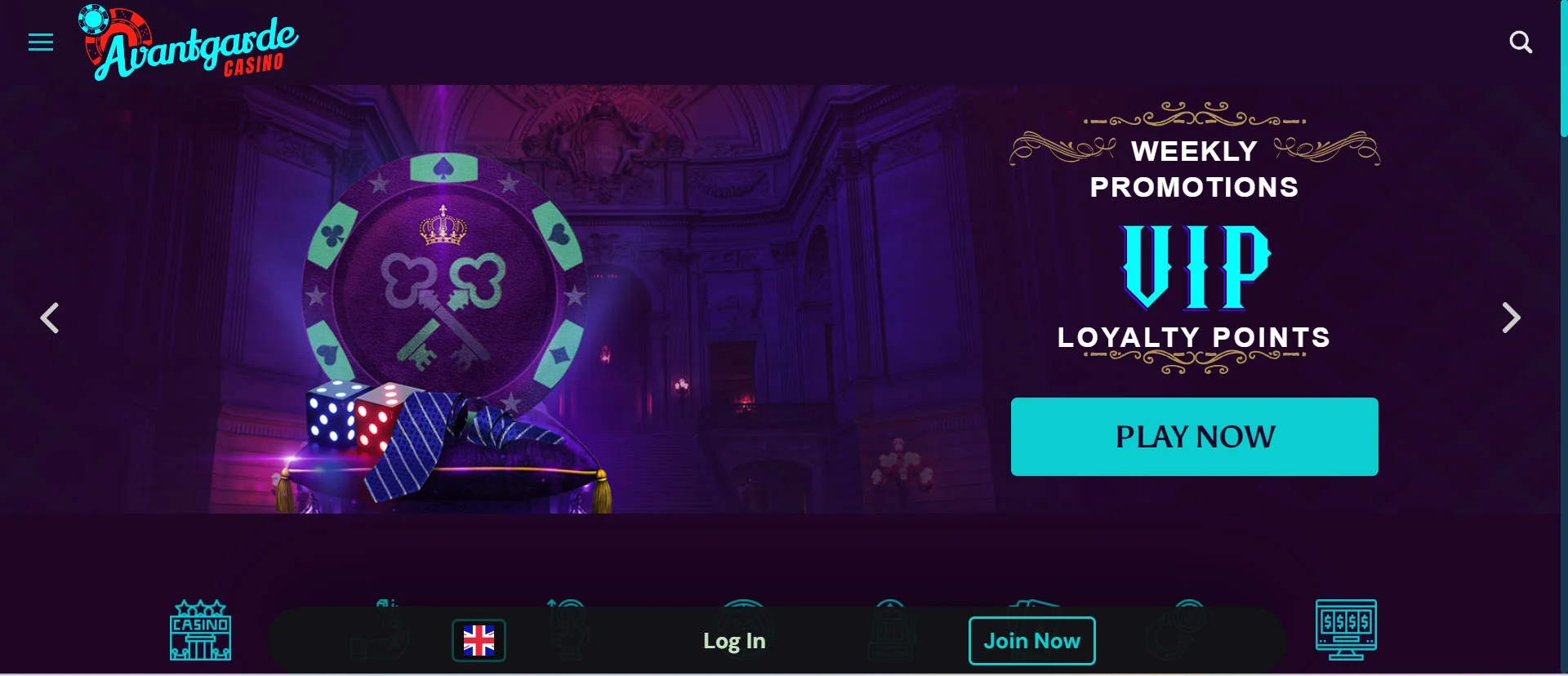 Avantgarde Casino Home Screen