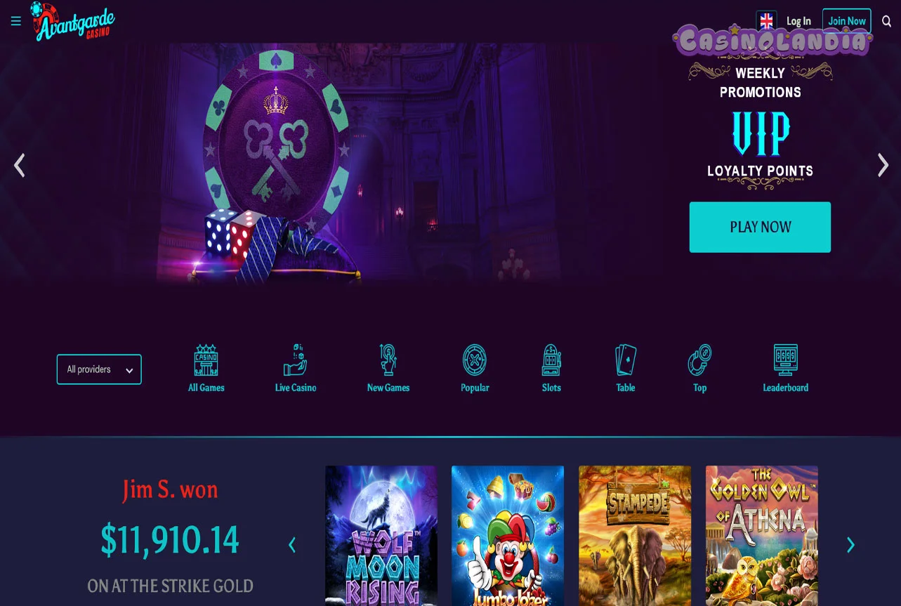 Avantgarde Casino Desktop View