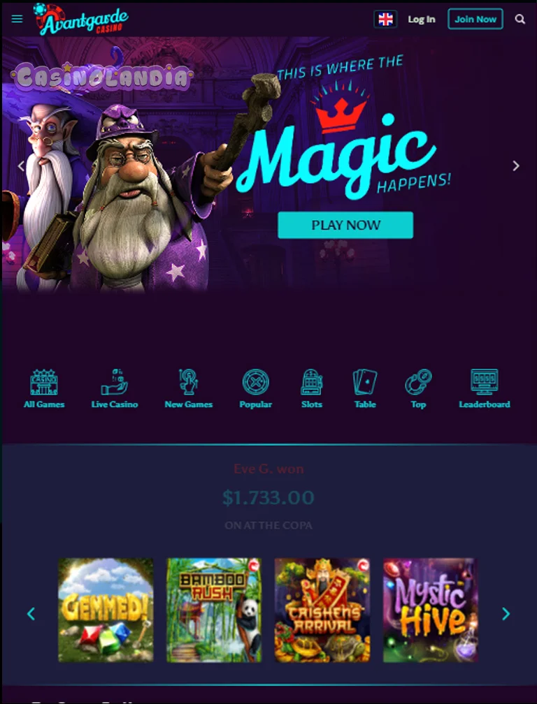 Avantgarde Casino Tablet View