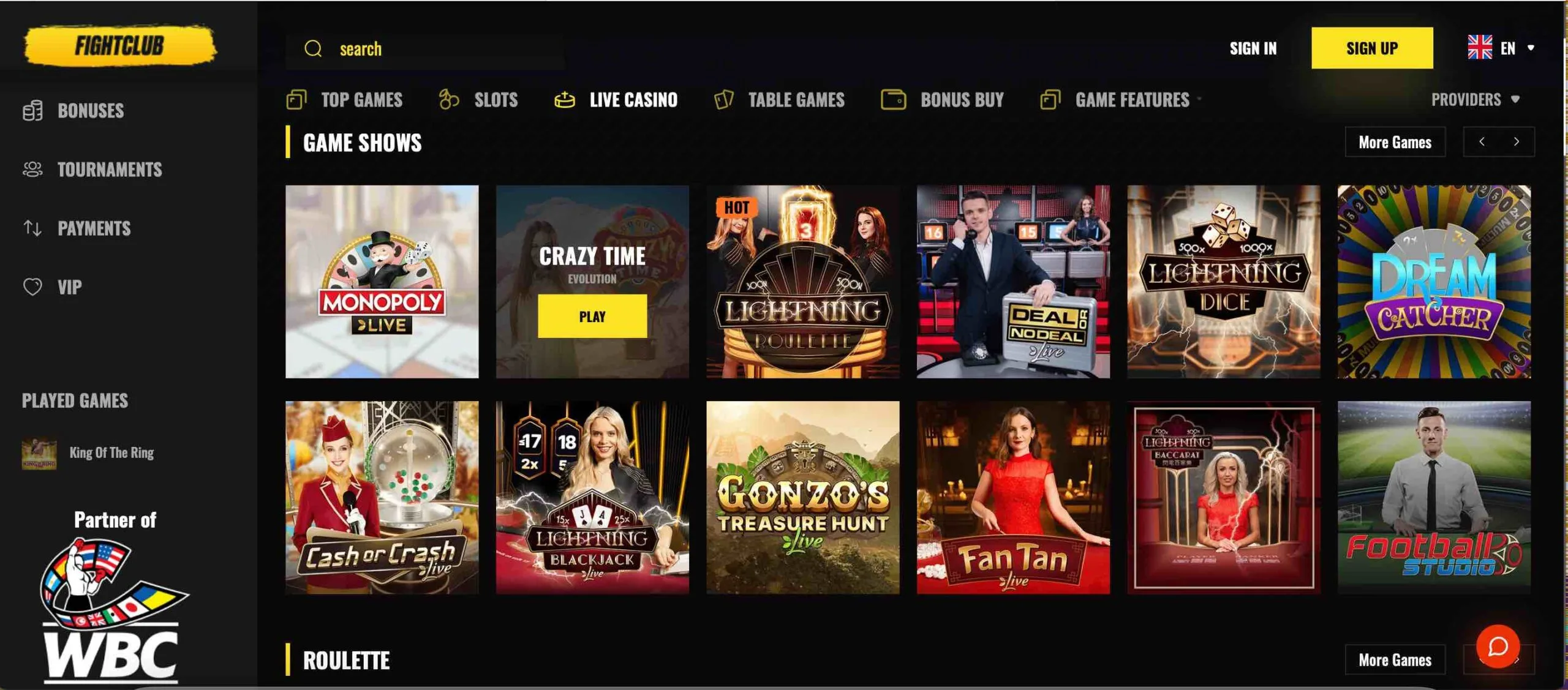 FightClub Casino Live Games