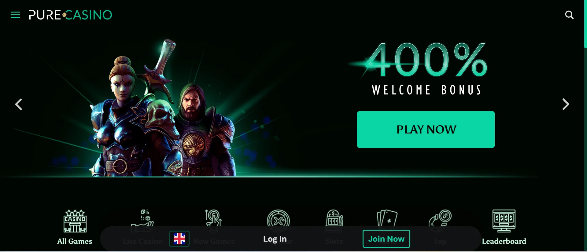 Pure Casino Home Screen