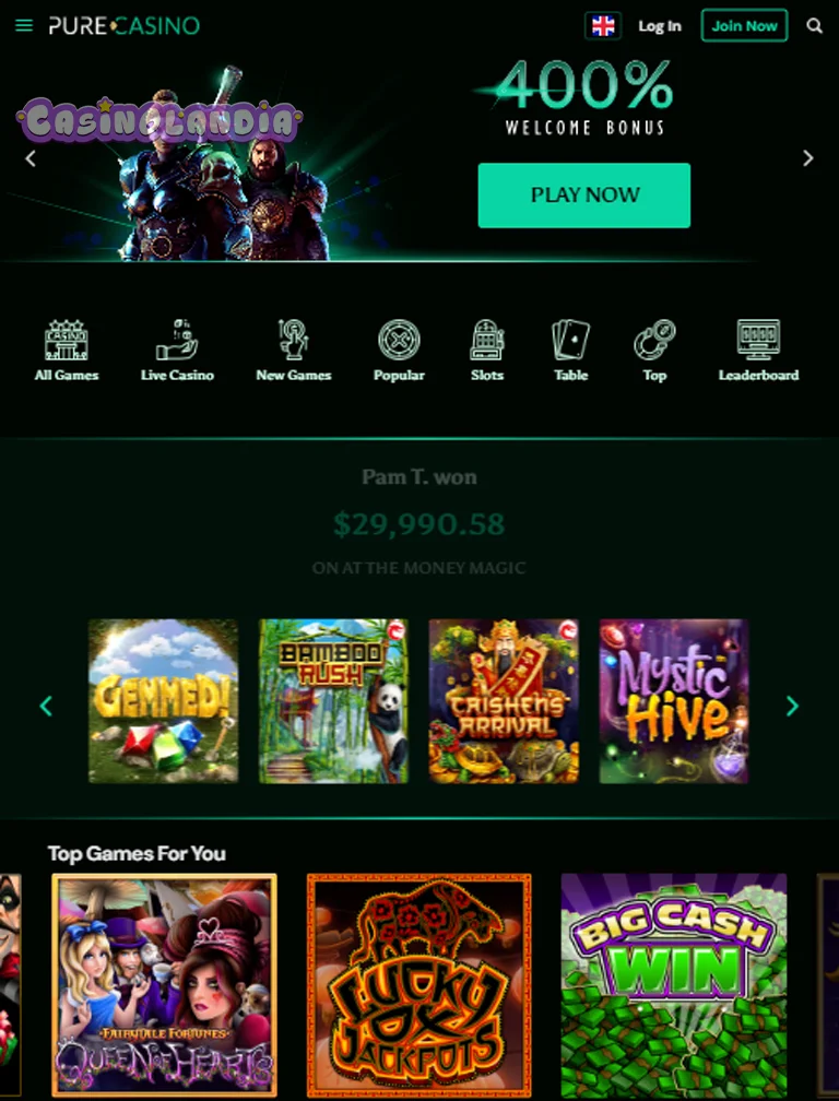 Pure Casino Tablet View Portrait