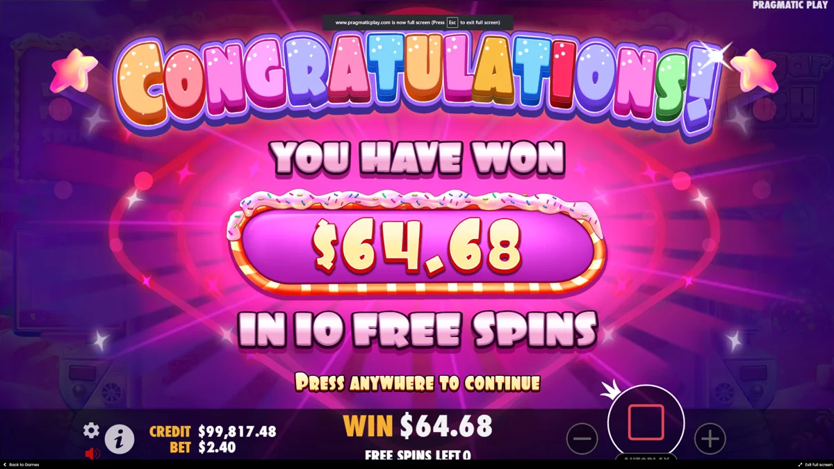 Sugar Rush Free Spins Win