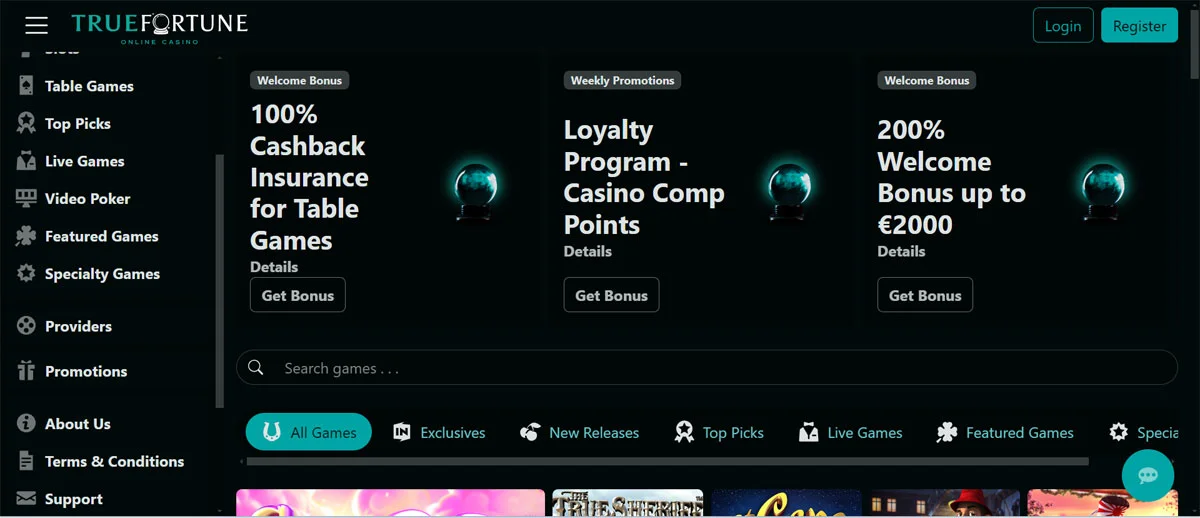 Ture Fortune Casino Home Screen