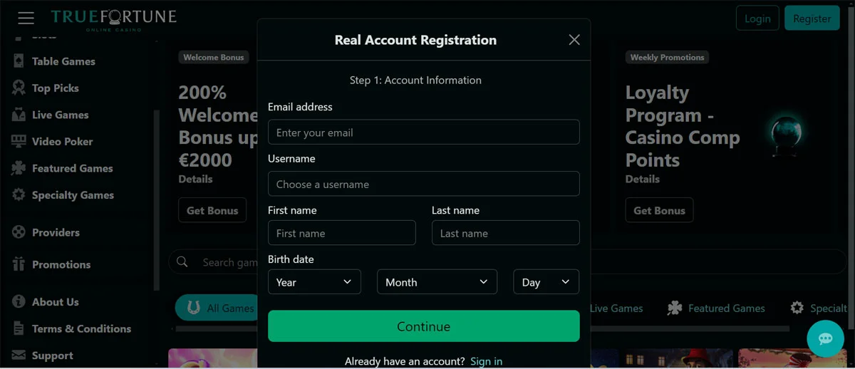Ture Fortune Casino Registration
