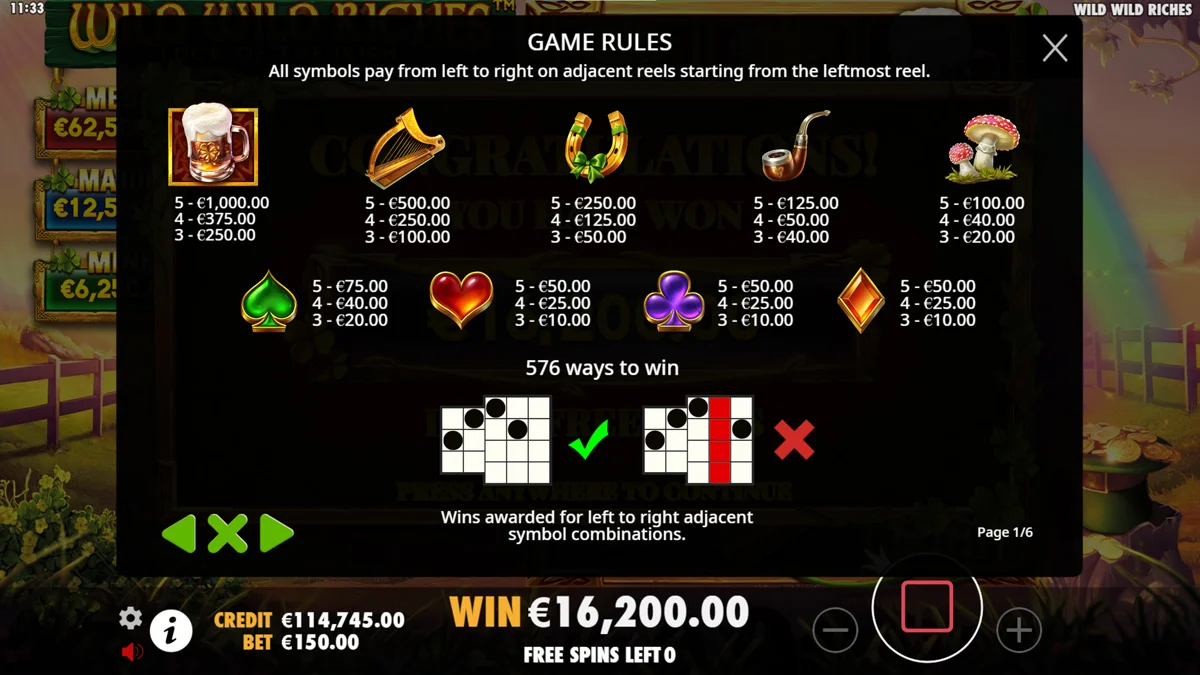 Wild Wild Riches Paytable