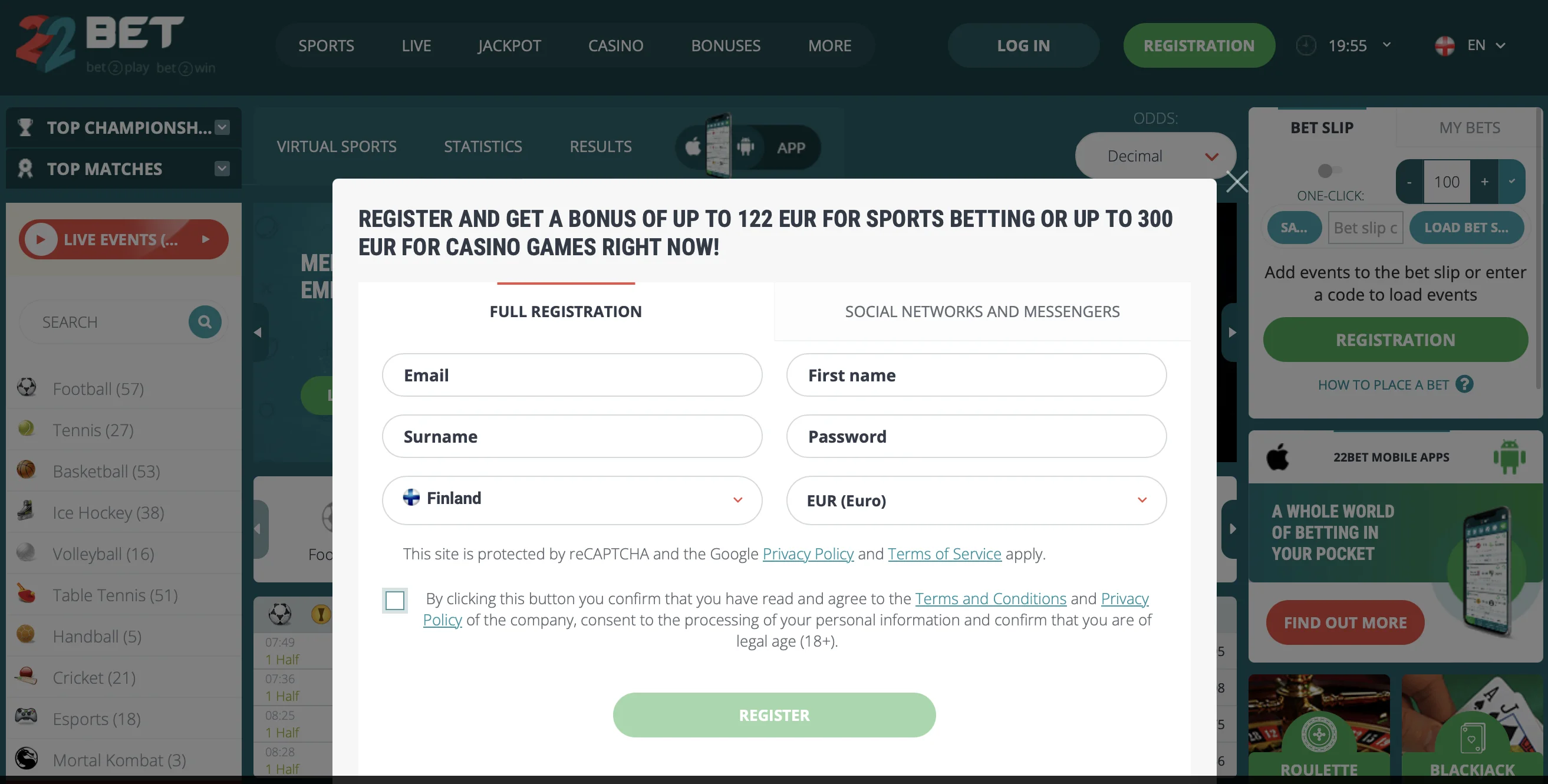 22bet Casino Registration