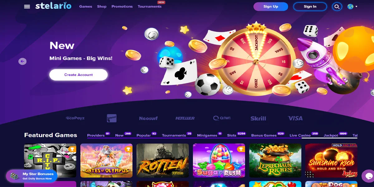 Stelario Casino Home Screen