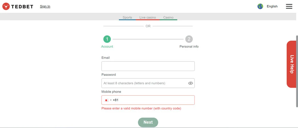 Tedbet Casino Registration