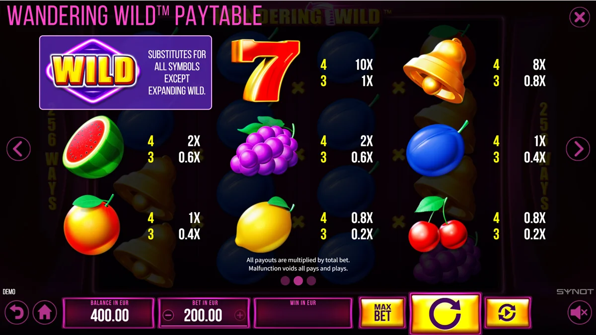 Wandering Wild Paytable