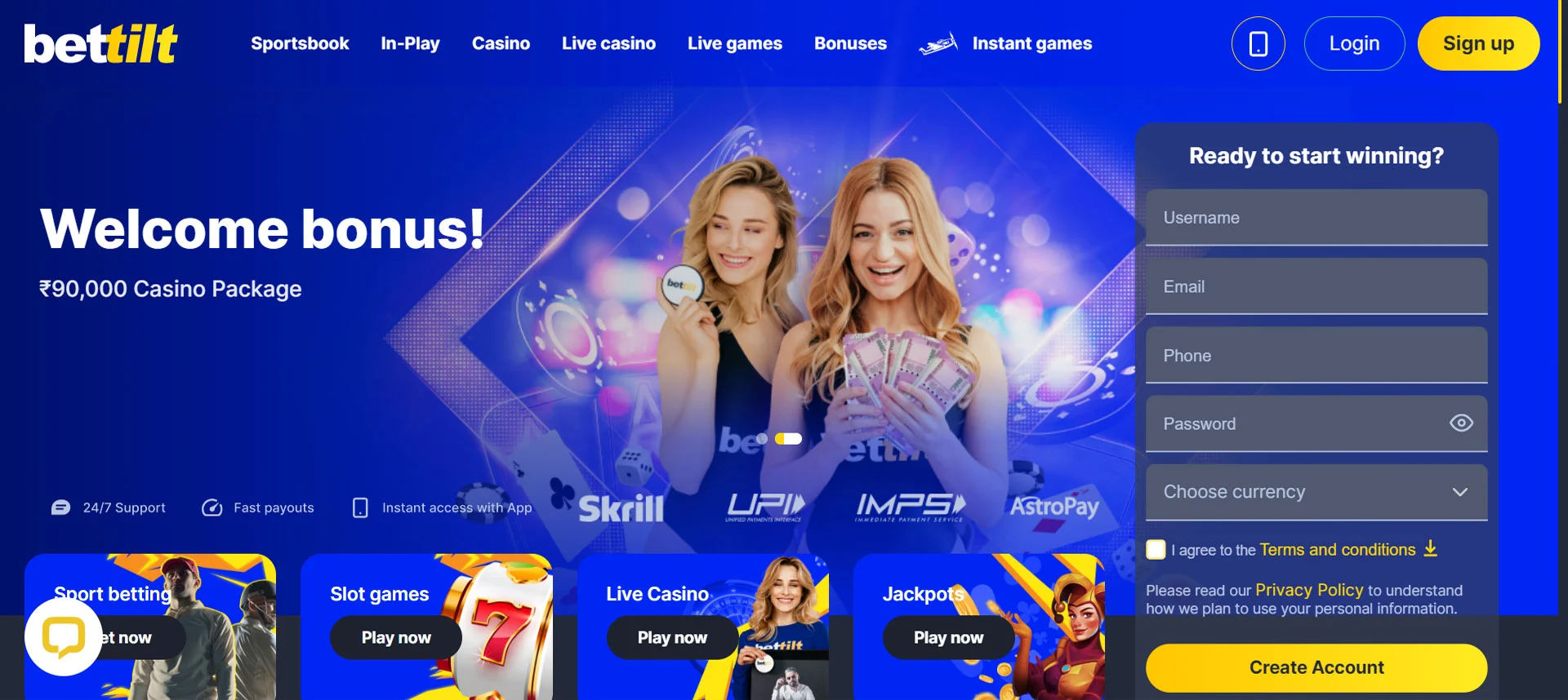 Bettilt Casino Home Screen