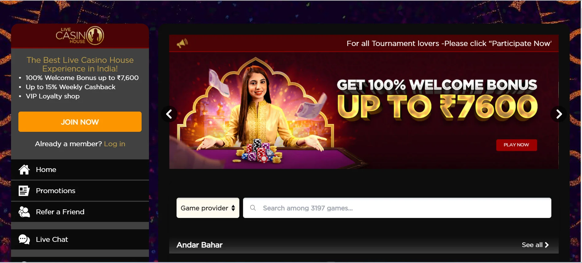 LiveCasinoHouse Home Screen