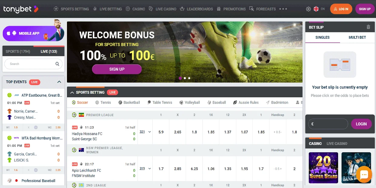 TonyBet Welcome Page