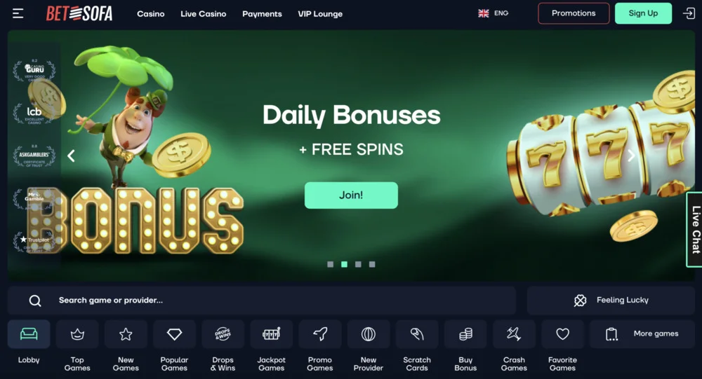 BetSofa Casino Homepage