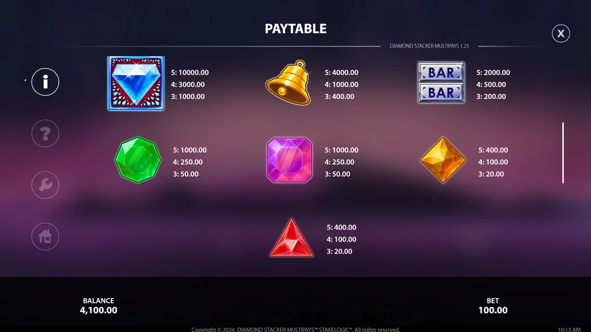 Diamond Stacker Multipays Paytable Symbols