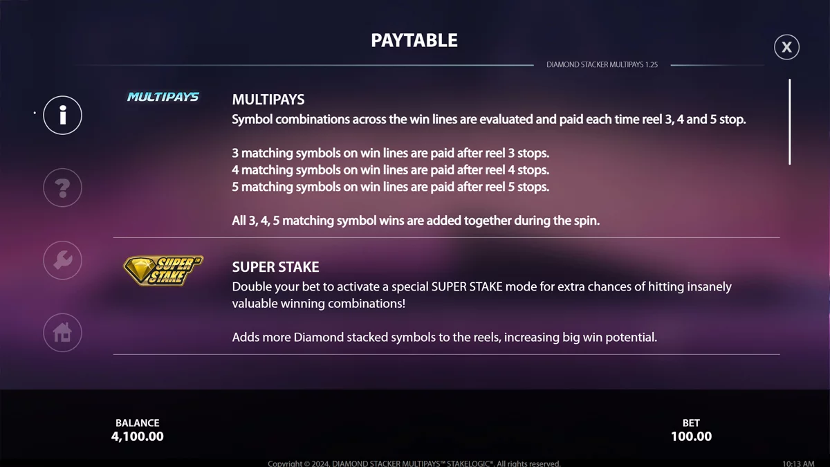 Diamond Stacker Multipays Paytable