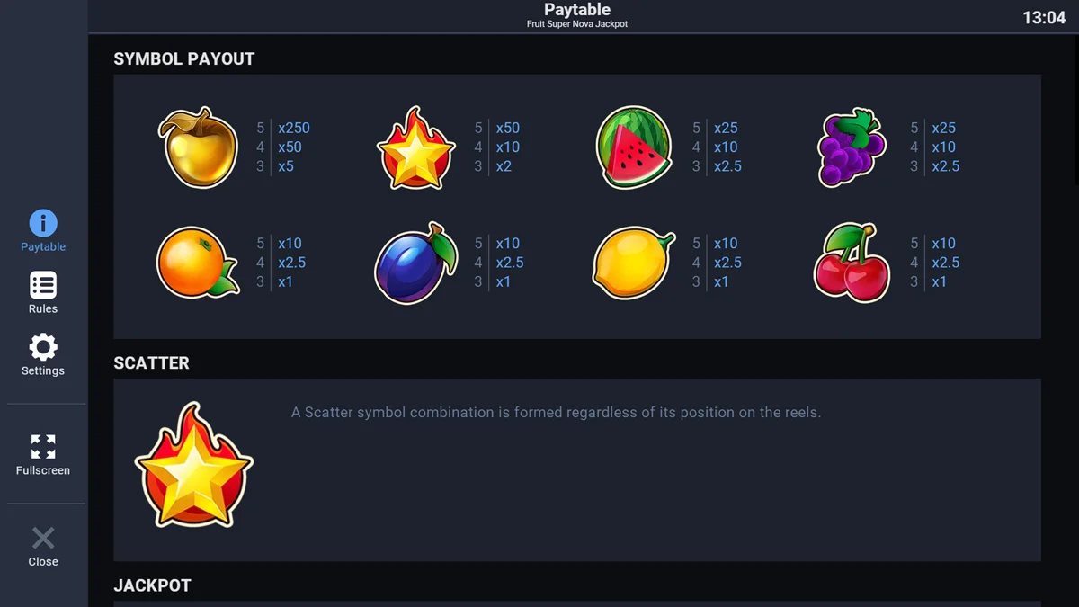 Fruit Super Nova Jackpot Paytable