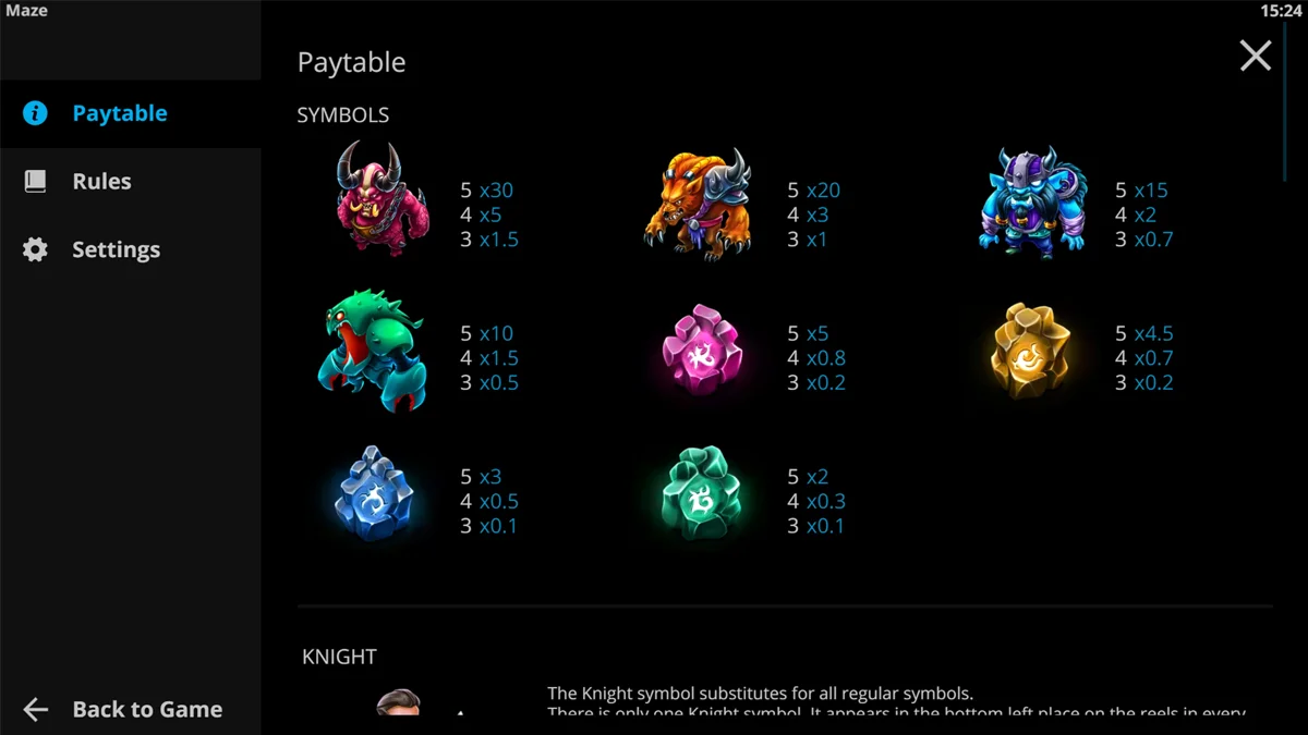 Maze Desire For Power Paytable