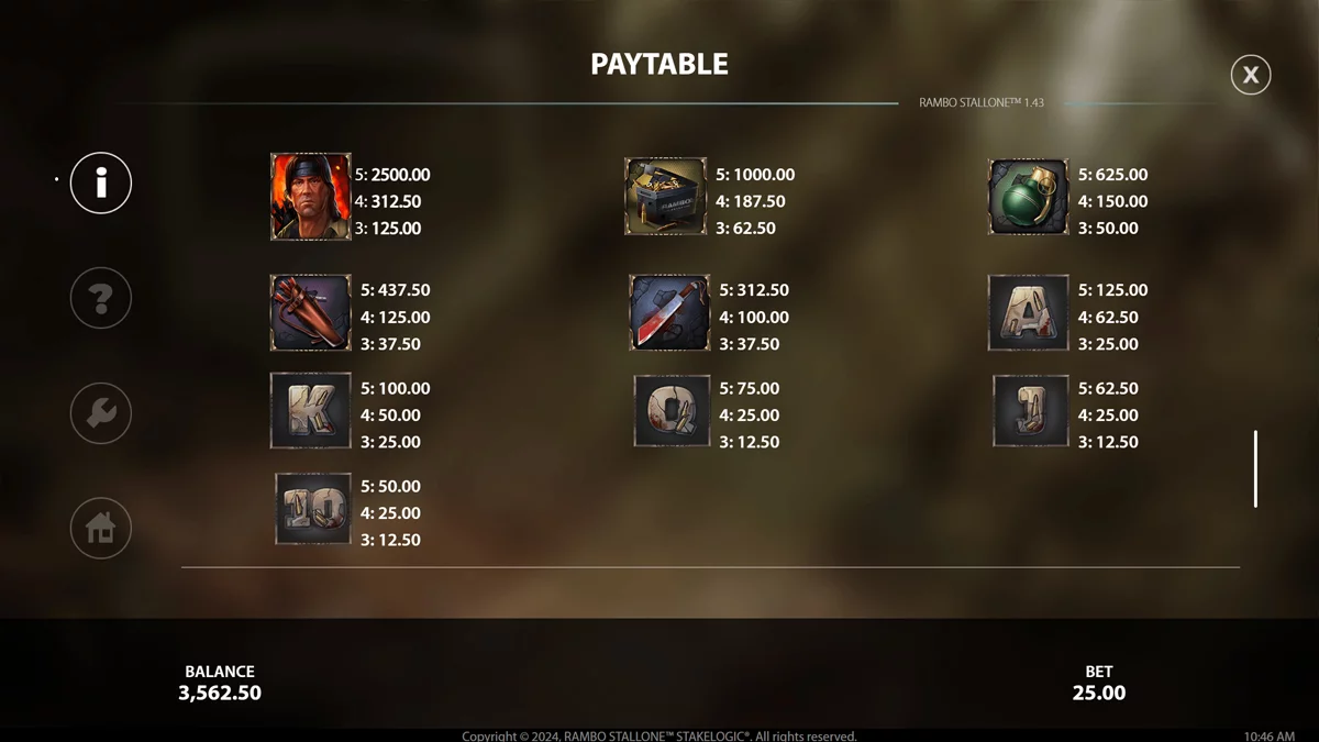 Rambo Paytable