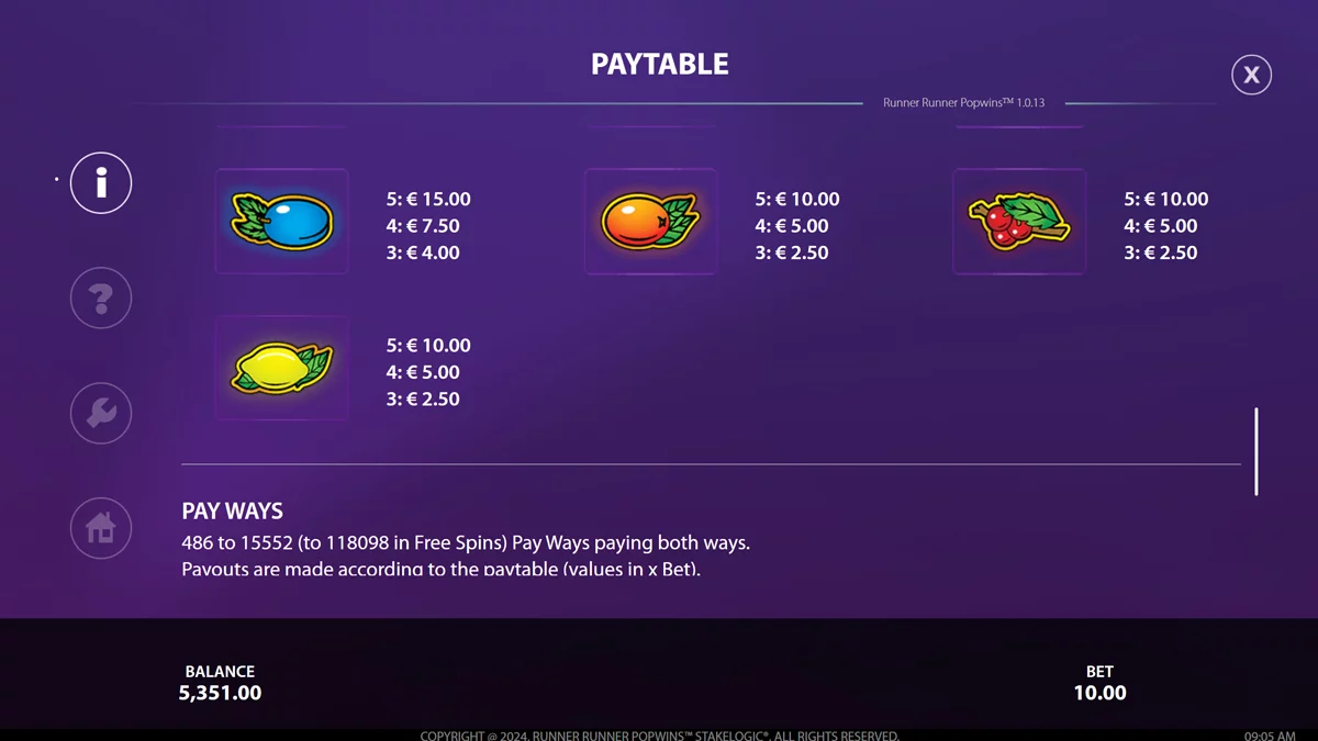 Runner Runner Paytable 2